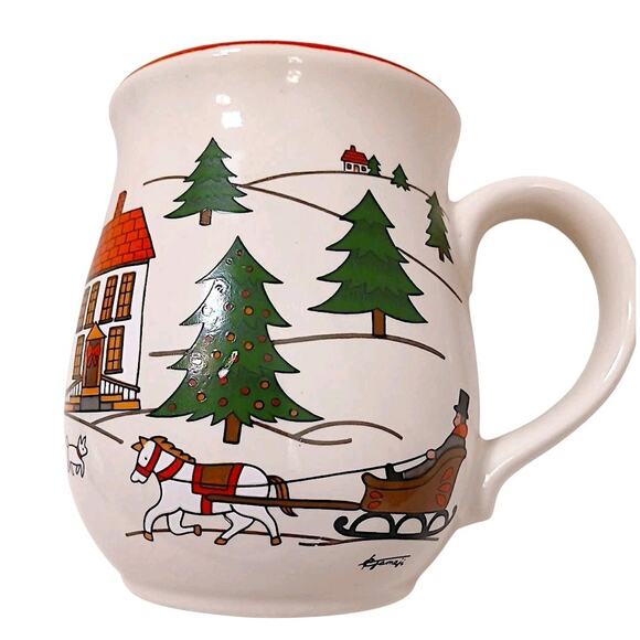 2 Cups Jamestown China Joy of Christmas Coffee Mug Winter Trees Sleigh Ceramic - Picture 3 of 11
